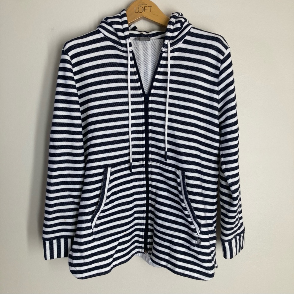 T by Talbots Navy and White Striped Hoodie Medium Petite